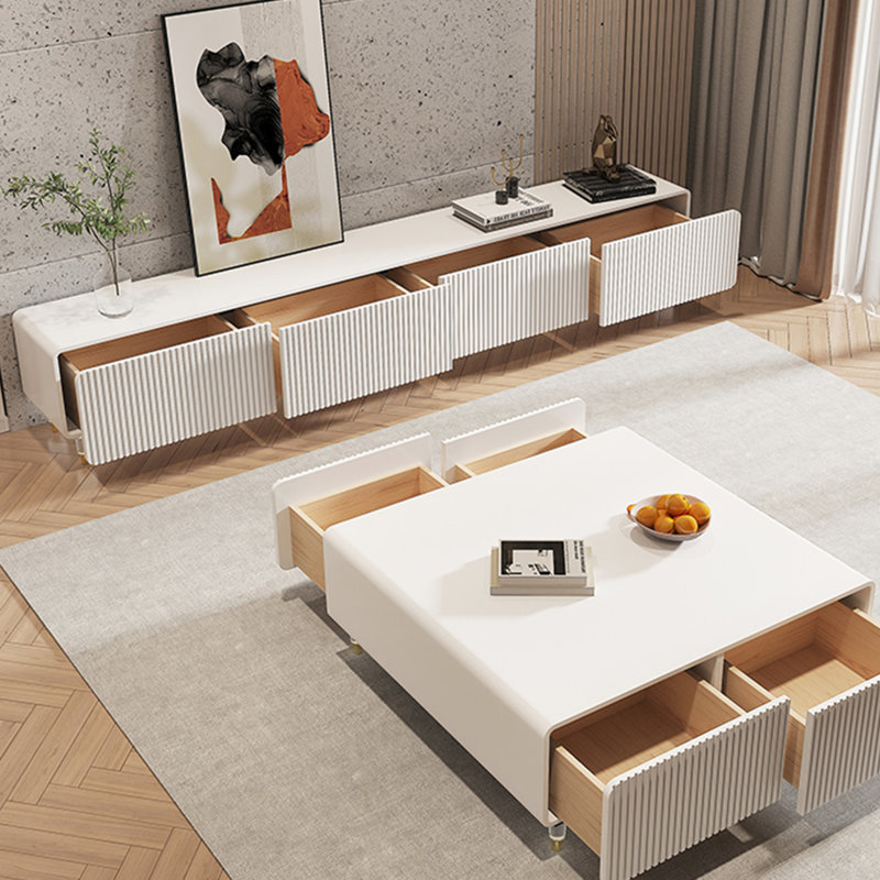 Table basse moderne en bois avec tiroirs fermés, Crème, crème, H 16,53 po x L 47,24 po x l 47,24 po
