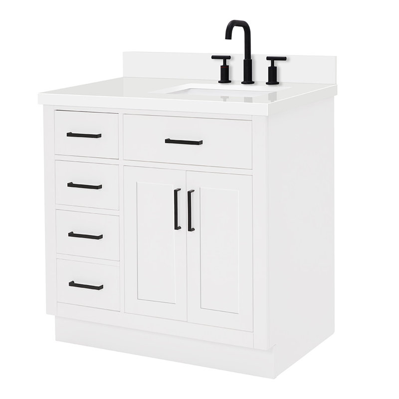 Meuble-lavabo simple en bois massif 36 po Tidworth avec plateau en quartz 1,5 po, Blanc, Oui, Forme rectangulaire