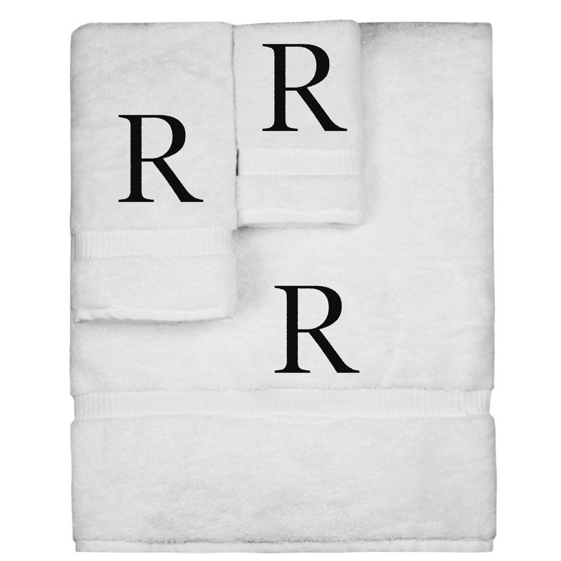 Ensemble de serviettes monogrammées - ensemble de 3 - lettre-bloc, R, Blanc / noir