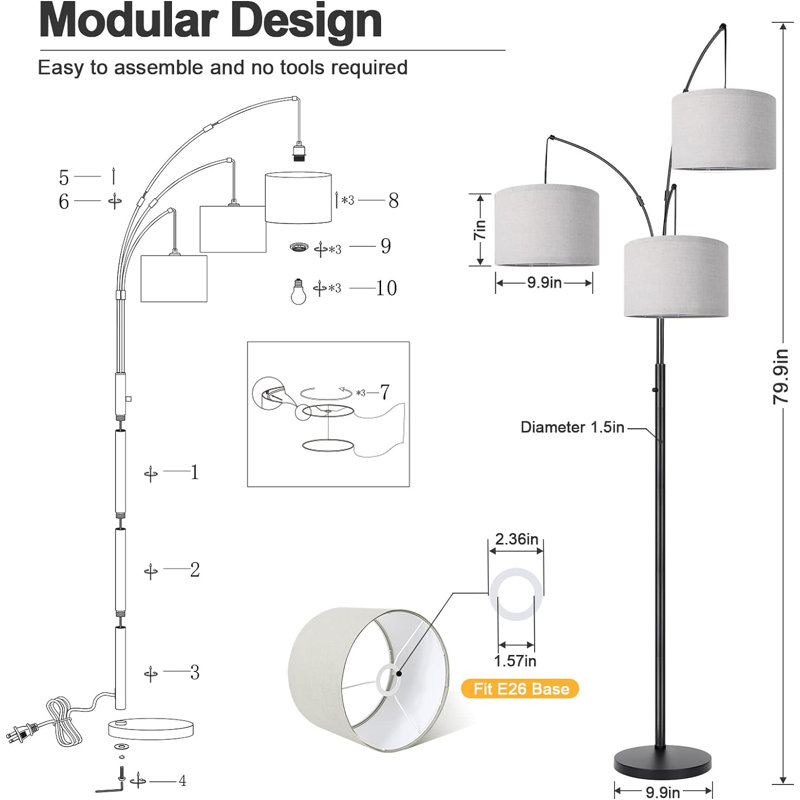 Arc Floor Lamps, Dimmable Modern Tall Standing Lamp, 3 Led Bulbs Included, Black, Gray