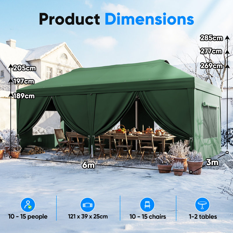 Quictent 3x6m Pop Up Gazebo with Central Lock, Heavy Duty Outdoor Canopy Tent with Mesh Window Sides, Portable Event Shelter for Backyard, Parties, Camping-Grey