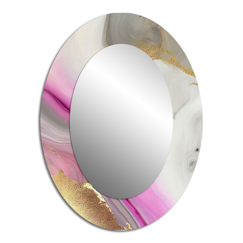 Pink And Gold Marble Abstract II - Pink Modern Oval Wall Mirror, 40" x 30"