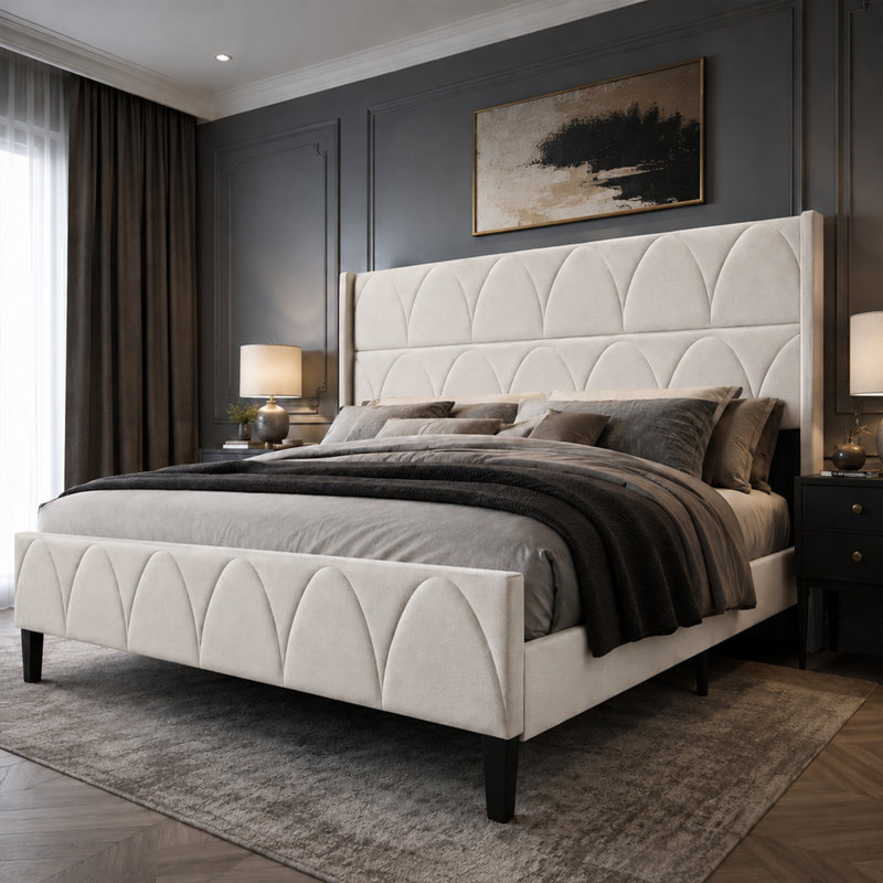 Modern Elegant Upholstered Bed, Cream, Queen