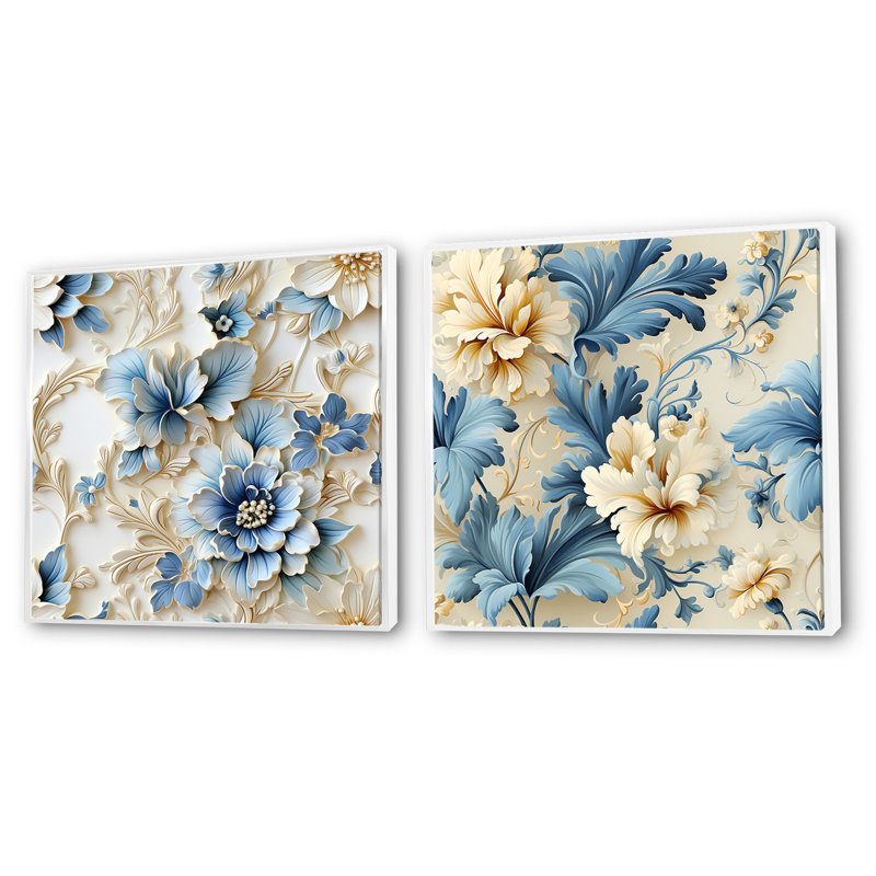 Felicien - Ensemble de 2 collages floraux carrés, H 16 po x l 33 po, Cadre flottant blanc
