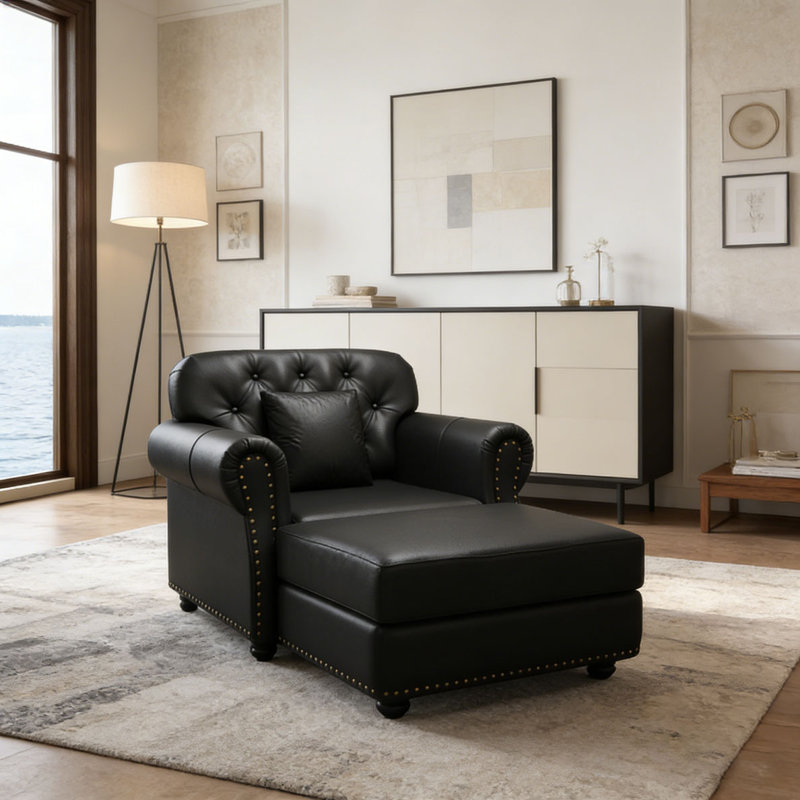 41.3"Upholstered Faux Leather Chair, Included, Black with Ottoman