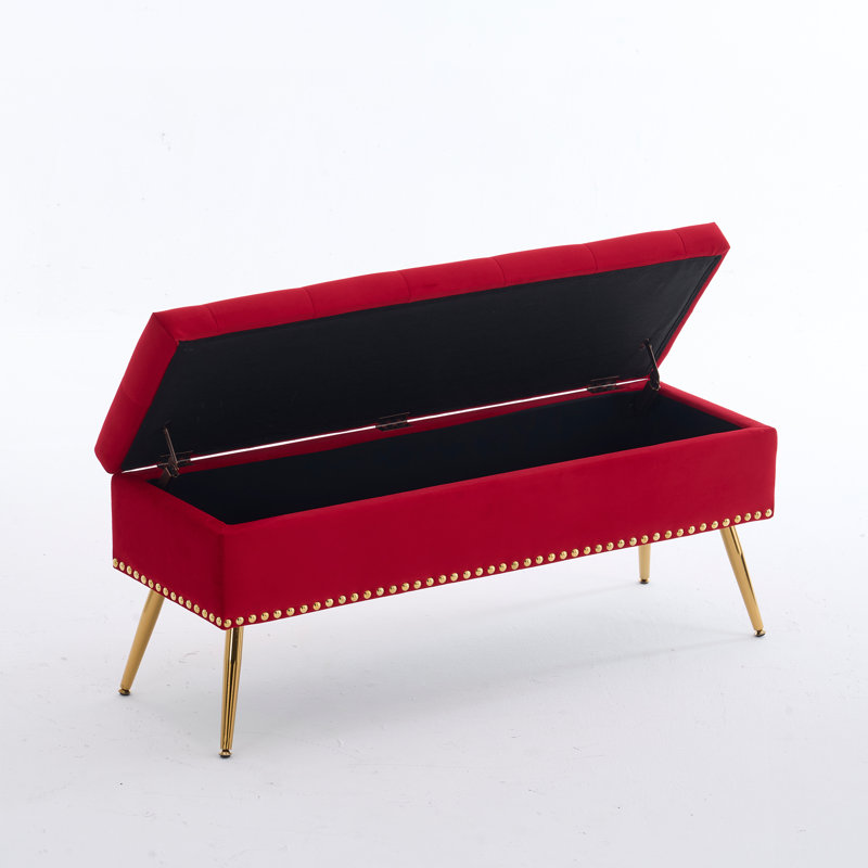 Banc repose-pieds en velours avec rangement, Rouge, H 18 po x l 46 po x P 15,5 po
