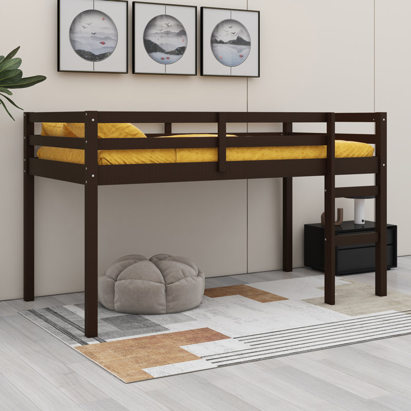 Solid Wood Bed Frame With Ladder, Wood Slat Support, Espresso