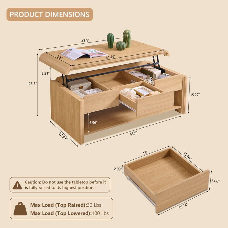 Maud  47" Lift Top Coffee Table with Pull-Out Drawer and Two-Tier Storage, Modern Coffee Table Rectangle Wood Center Table w/Curved Profile Design