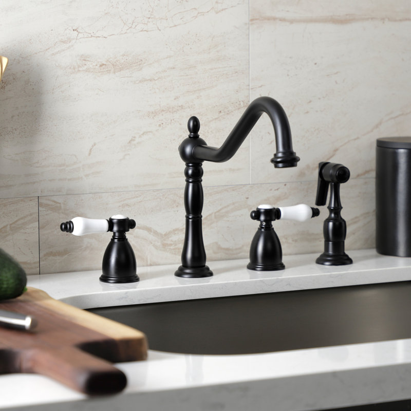 Kingston Brass Bel-Air Double-Handle Widespread Kitchen Faucet, With Side Spray, Matte Black