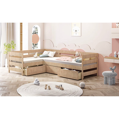 Lit plateforme simple en L - matériaux de couleur naturelle avec 3 tiroirs de rangement pour l'organisation de la chambre à coucher