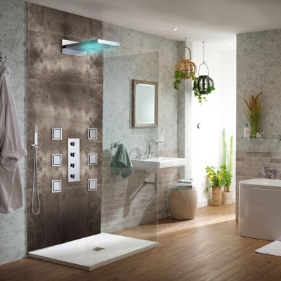 Ceiling Rain Shower Set Chrome Finish with Thermostatic Control and Handheld Spray