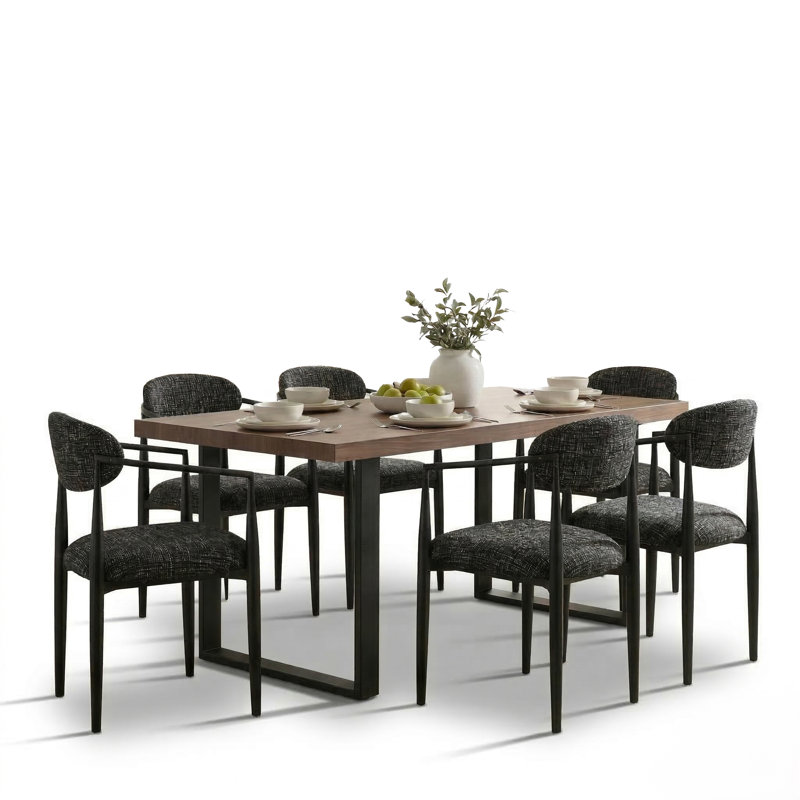 7-Piece Modern Walnut Dining Table Set For 6, 71" Rectangular Wood Grain Table With Black Metal Base & Upholstered Armchairs