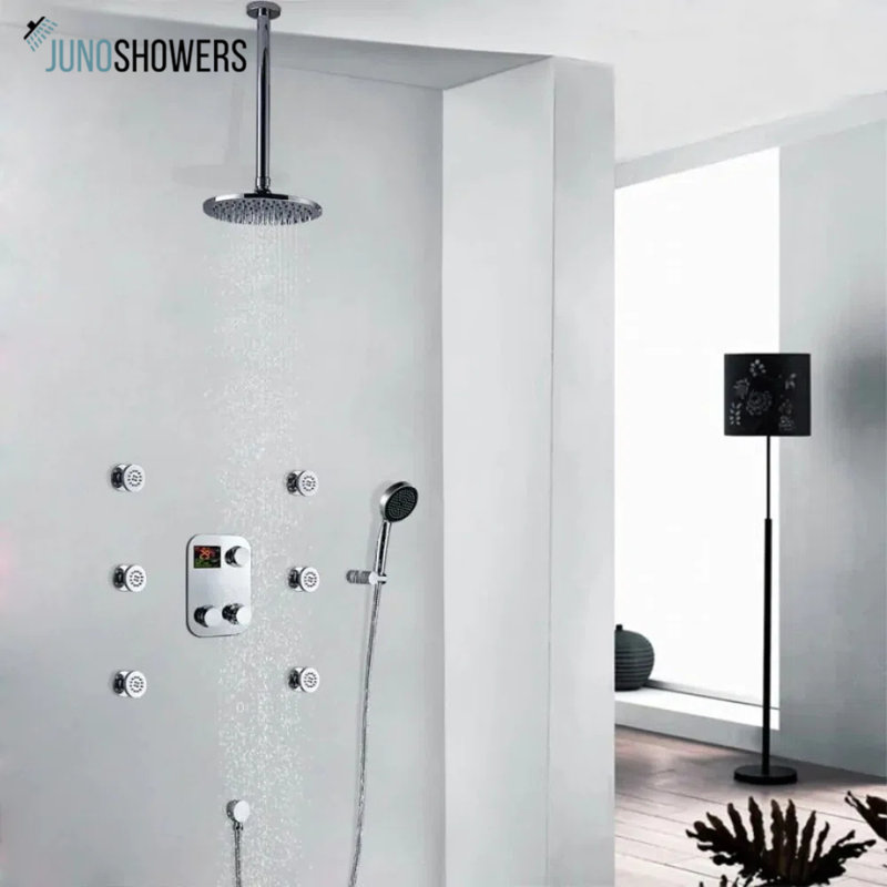 Juno Thermostatic Digital Brass Chrome Ceiling Mount Shower Head System and Hand Shower
