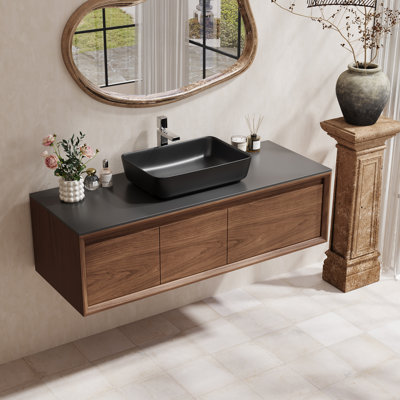 Meuble-lavabo flottant 48 po avec lavabo rectangulaire en céramique, meuble-lavabo autoportant avec 1 armoire à double porte et 1 tiroir, comptoir en pierre noire