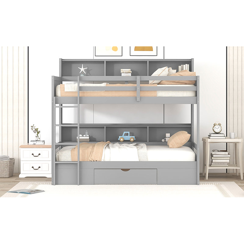 Lit superposé simple avec tablettes intégrées à côté des lits supérieur et inférieur et tiroir de rangement, Gris