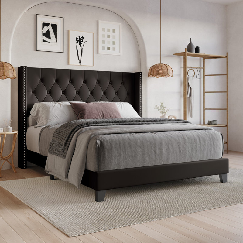 Aireanna Vegan Leather Wingback Bed, Brown, King