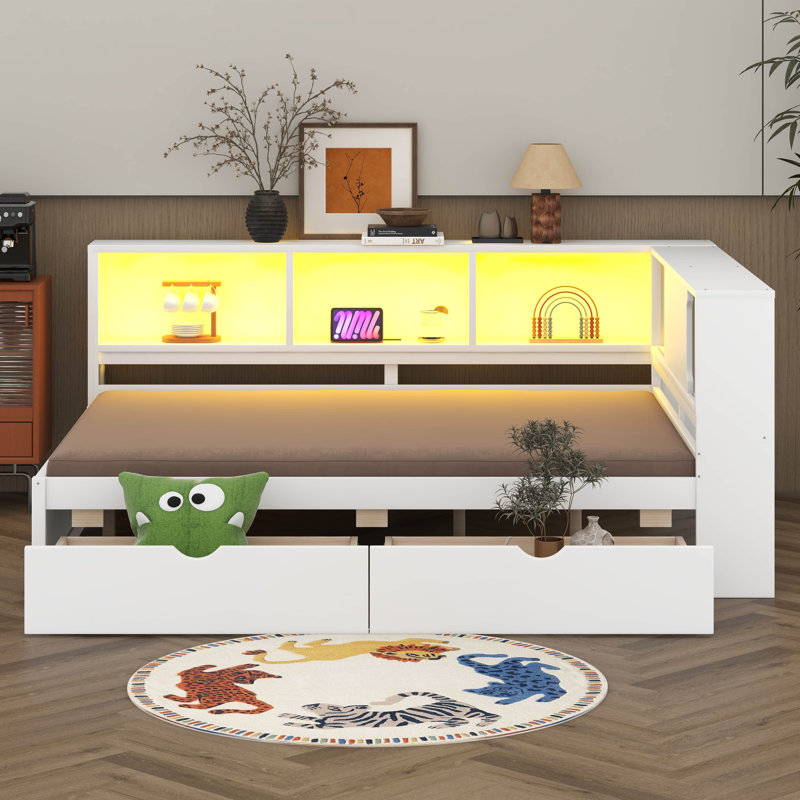 Grand lit de jour en bois en forme de L avec 2 tiroirs et tablettes de rangement, structure de lit d'angle peu encombrante