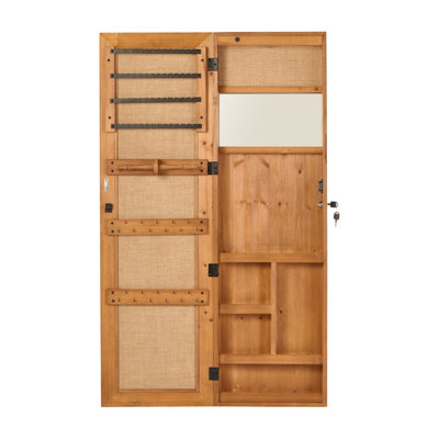 Solid Wood Jewelry Armoire Cabinet, Wall Mounted, Lockable, Led Light, 47.5X14.3 In, Full Length Mirror, Light Brown