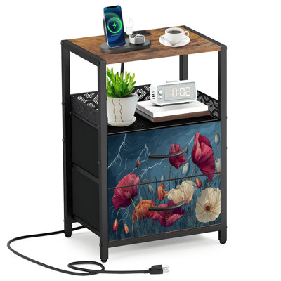 2 Fabric Drawers Night Stand with Charging Station Floral dynamic Jagged Shadows Bedroom Bedside Table End Table with Open Shelf USB Ports and Outlets