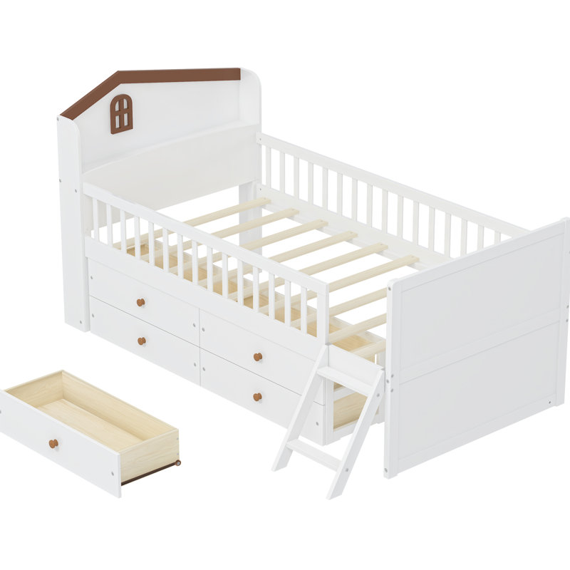 Structure de lit plateforme simple pour lit blanc avec 4 tiroirs de rangement, garde-corps sur toute la longueur, tête de lit à tablette et 2 marches, pas de sommier requis, assemblage simple, blanc