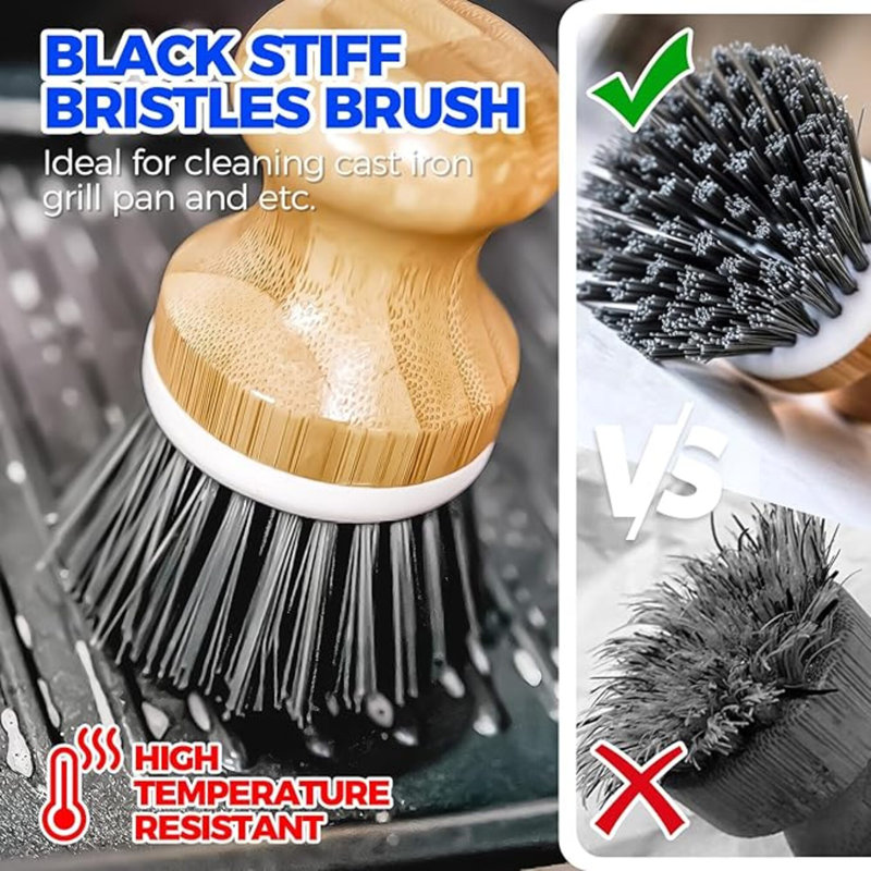 Paquet de 6 brosses de cuisine avec brosse pour bouteilles, brosse à vaisselle, brosse à palmier et brosse à paille, brosses de nettoyage pour fruits et légumes, poignée longue pour poêle à poêle en fonte, gris foncé