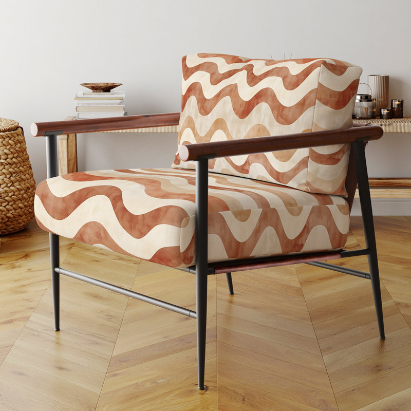 Fauteuil d'appoint abstrait - Fauteuil orange et brun avec ondulations terreuses, Bras ronds bruns