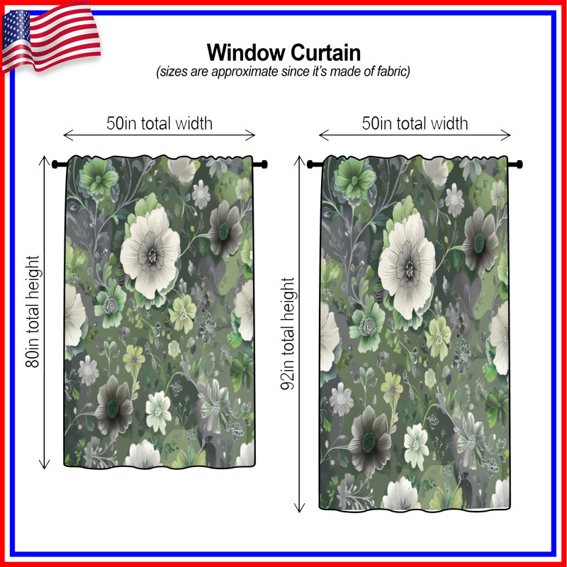Rideaux vert transparent à motif floral et rideaux à motif floral - 1 panneau, 50" x 92" - 1 Panel, Blockout