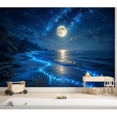 Papier peint adhésif peler et coller plage Vagues bioluminescentes Ciel étoilé auto-adhésif amovible Papier contact mural pour le salon Chambre à coucher H 69 po x l 96 po