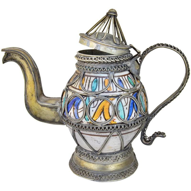 Antique Moroccan Brass-inlaid Ceramic-art Accent