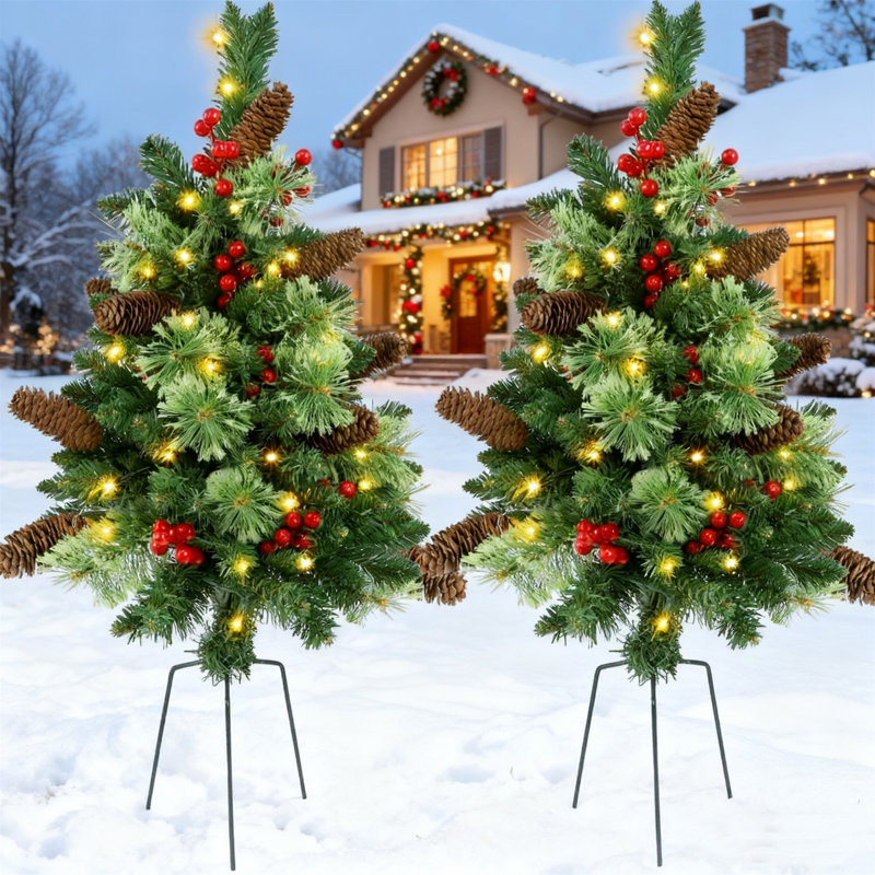 Ensemble de 2 bourres de sapin de Noël Pathway, mini sapins de Noël artificiels éclairés avec 9 pommes de pin, décoration de Noël pour l'extérieur
