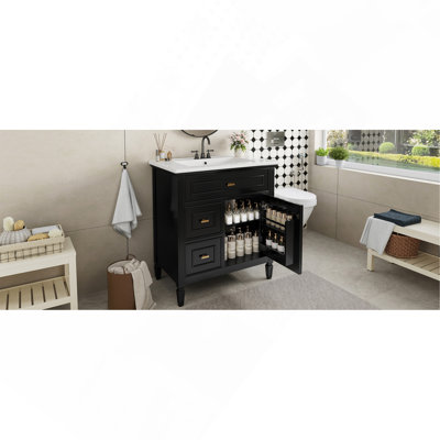 Meuble-lavabo 30 po avec lavabo, meuble-lavabo avec un tiroir rabattable et deux tiroirs, tablette réglable, bois massif et panneau de fibres à densité moyenne, noir