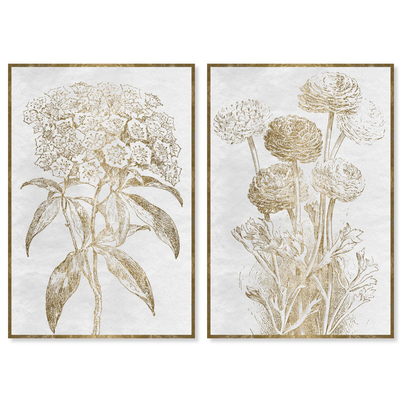 Sketch Border Floral Set Traditional Gold/Gray - 2 Piece Wrapped Canvas Painting Set, 24" H x 36" W