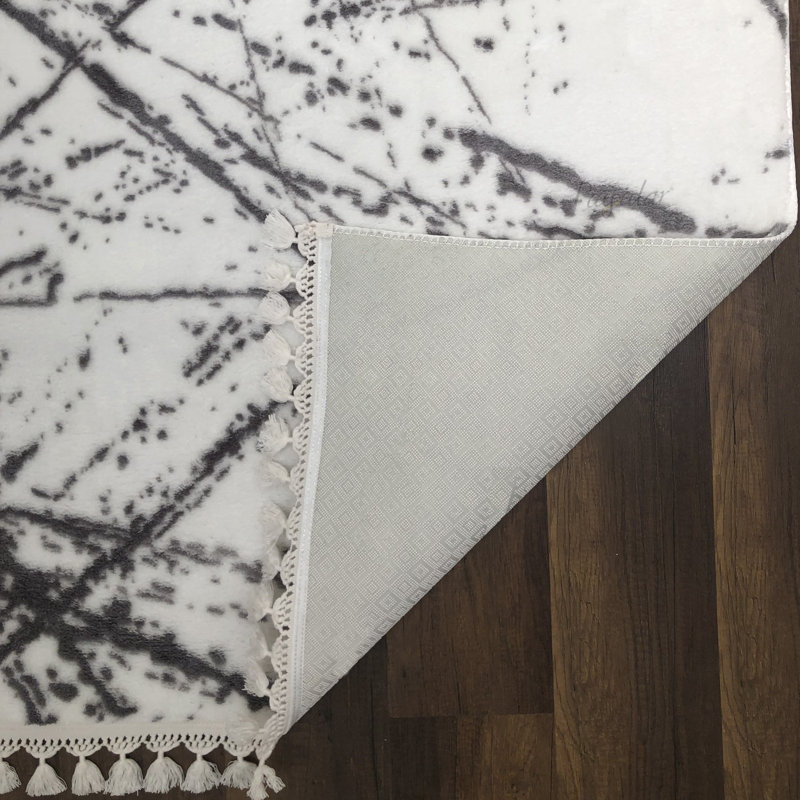 Tapis gris / blanc en polyester tissé à la machine Lunt, Rectangle 3 pi 11 po x 5 pi 7 po