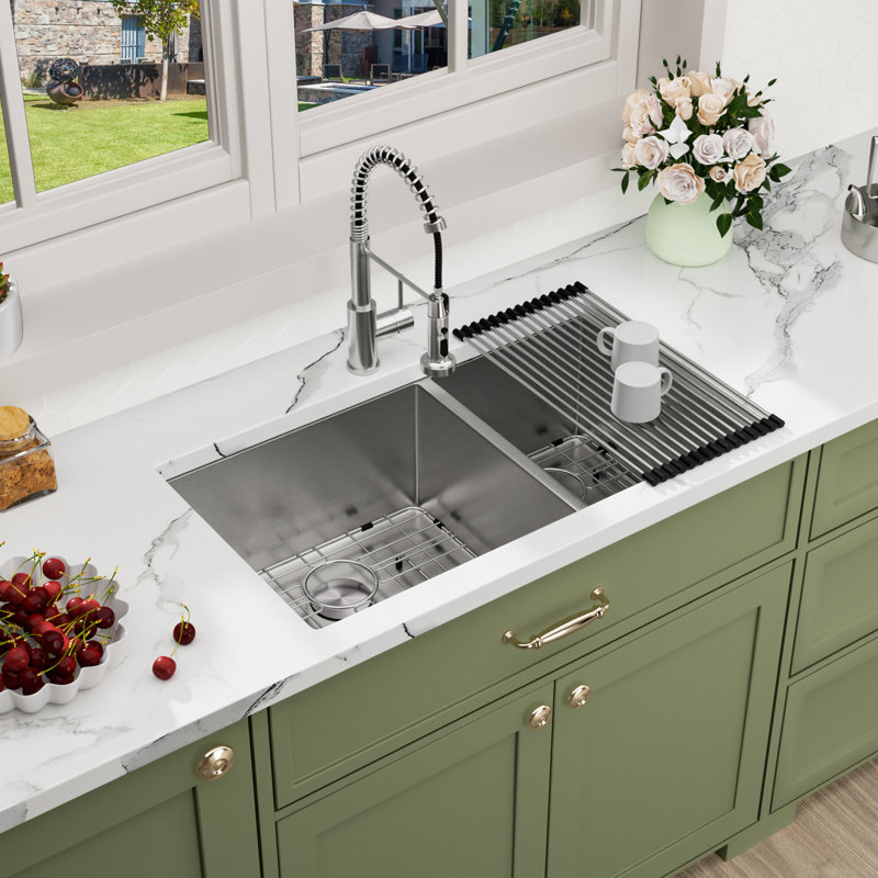 Undermount Double Bowl Stainless Steel Kitchen Sink with Basket Strainers and Sink Grids, Brushed Nickel, 36" L x 19" W