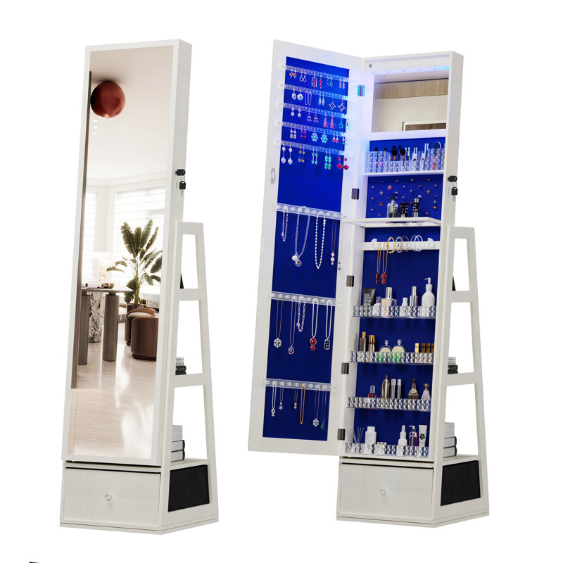 Miroir pleine grandeur avec armoire de rangement verrouillable, design intérieur éclairé et tiroirs de rangement, Blanc