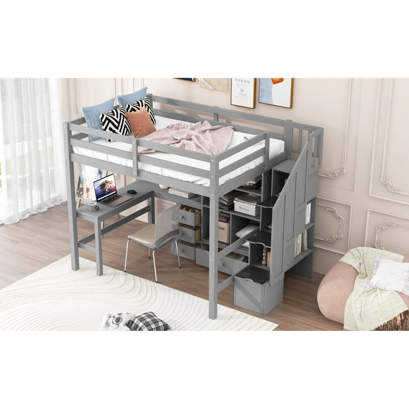 Lit mezzanine double avec bureau en L, tiroirs, armoire et bureau pour escalier en option, Gris