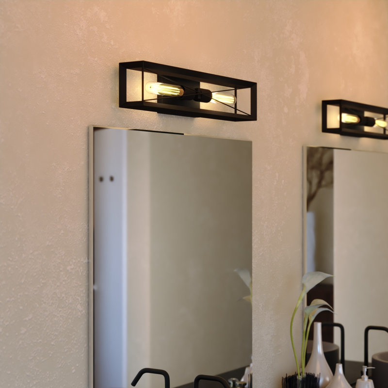 Milton 2-Light 24 In. Wide Matte Black Transitional Flush Wall Sconce With Metal Cage Shade, Dimmable, LED Compatible, Steel Bathroom Vanity Lighting Fixture, Vertical Or Horizontal Mount Bath Bar