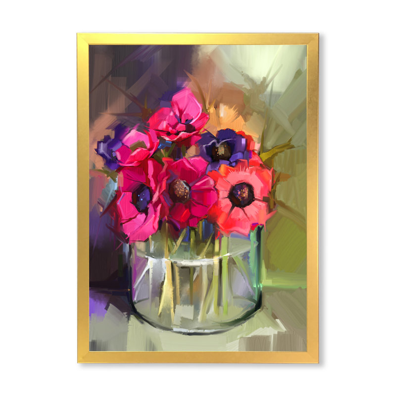 «Paint Brush Pink Spring Flowers Vase» - Art mural sur toile traditionnel, H 40 po x l 30 po x P 1,5 po, Cadre photo doré