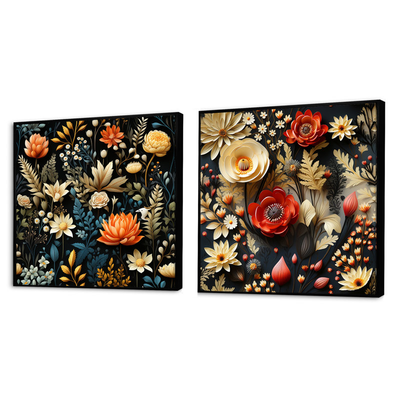 Naelle - Ensemble de 2 collages floraux carrés, Cadre flottant noir, H 16 po x l 33 po