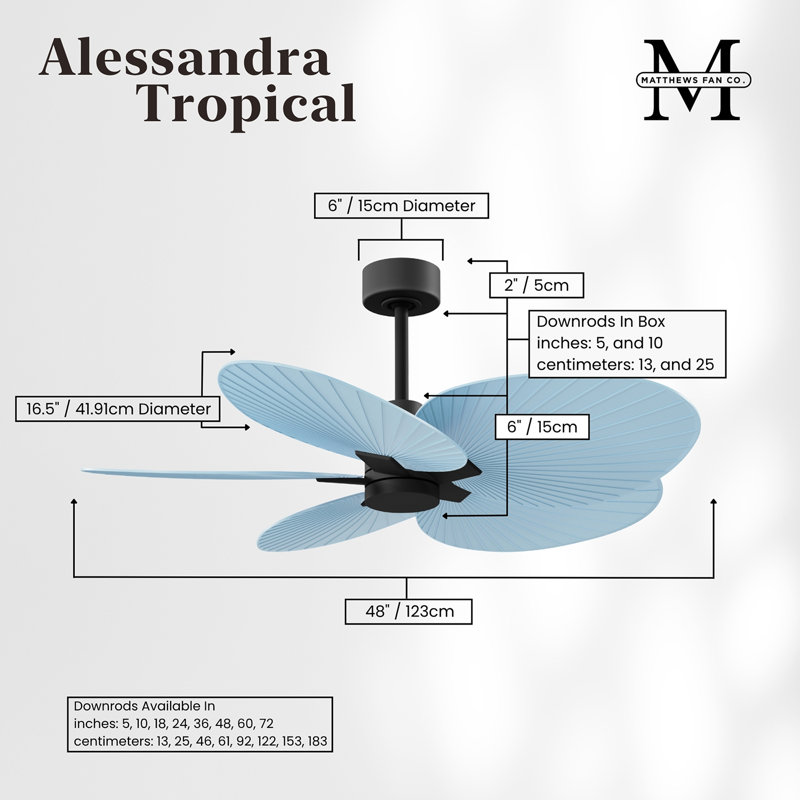 Alessandra - Ventilateur de plafond à cinq pales, Bleu clair, Noir mat