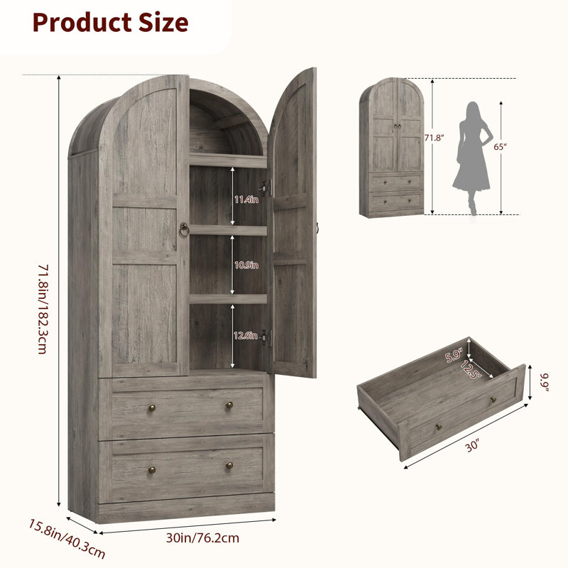 Armoire de rangement de 72 po de hauteur avec garde-manger arqué, armoires de rangement de style campagne moderne avec 2 portes et tiroirs, grand garde-manger arqué en bois avec tablettes épaissies pour la salle à manger