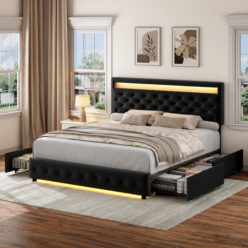 LED Bed Frame with Adjustable Headboard and 4 Drawer, Button Tufted Upholstered Platform Beds, Queen, Velvet Black