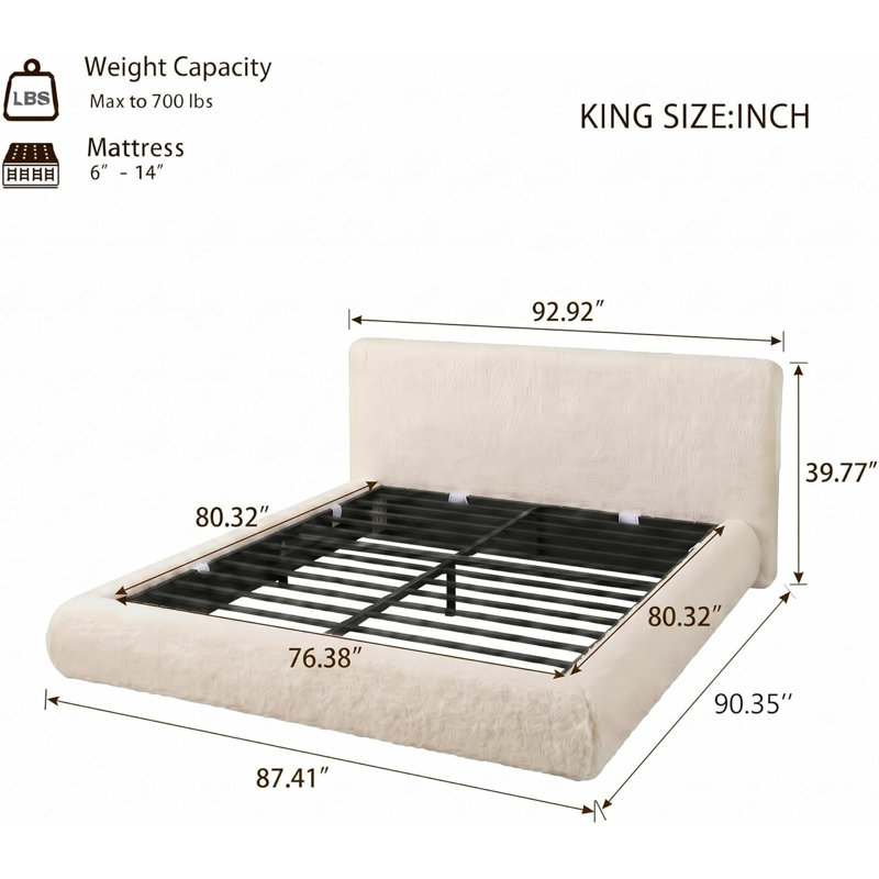 Cadre de lit blanc très grand avec nuage, lit plateforme tapissier moderne avec tête de lit moelleuse, aucun sommier requis, capacité de 990 lb, assemblage facile