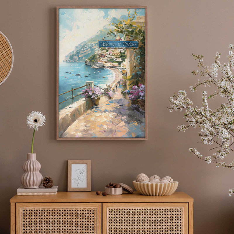 Positano Paradise, impression encadrée sur papier par Azure Artisanal Studio, Rose poudre, H 15 po x l 12 po x P 1,25 po