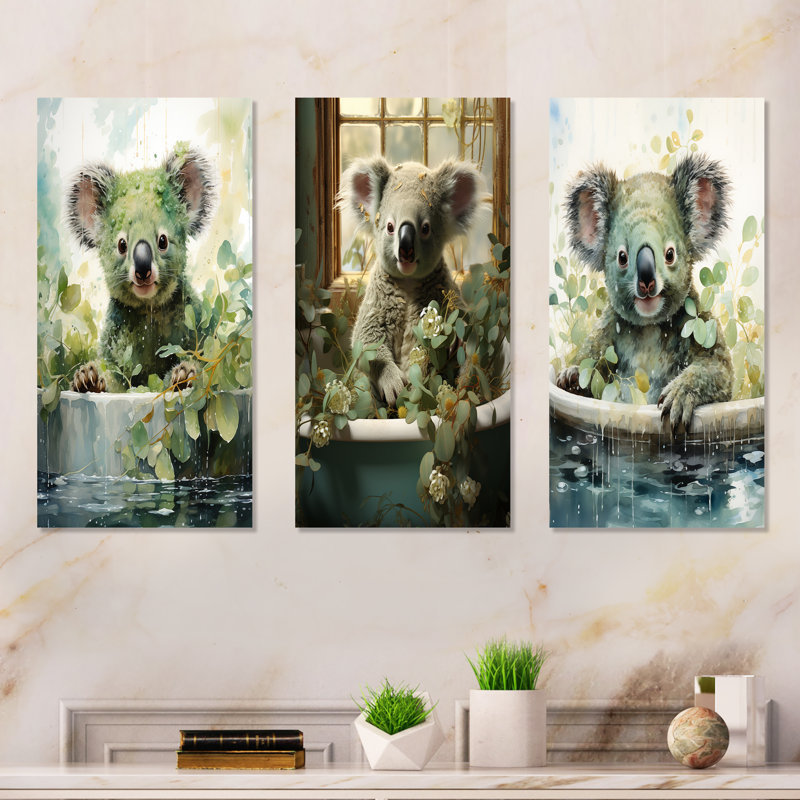 «Bathroom Curious Koala Bathtime» - ensemble d'art mural en métal pour salle de bain, H 28 po x l 36 po
