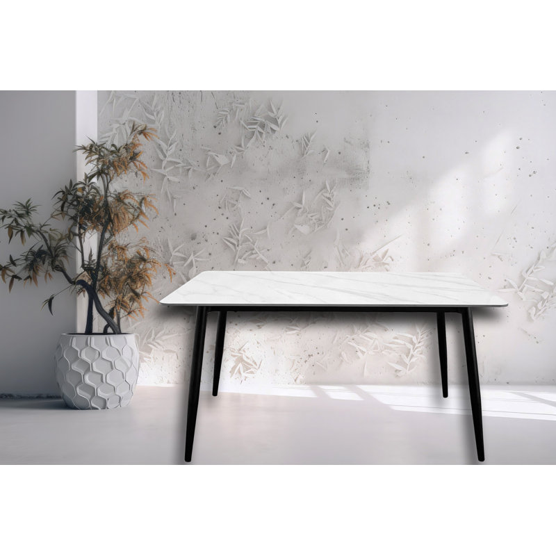 55" White Sintered Stone Top Dining Table with Black Metal Legs