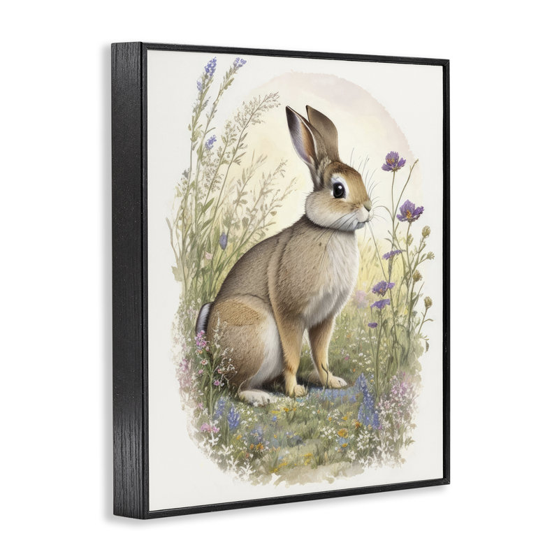 Rabbit with Meadow Blooms Grey Framed Giclee Art by Denise Dundon, Midnight Black Framed Giclee, 14" H x 11" W