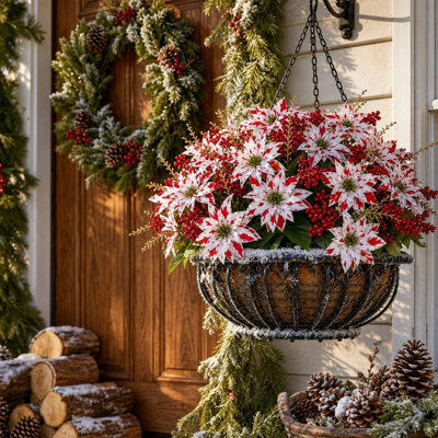 8 pièces de buissons de poinsettia de Noël artificiels, poinsettia moucheté rouge avec baies rouges et feuillage doré, tiges florales des Fêtes pour couronne, guirlande, décoration de bricolage dans un vase