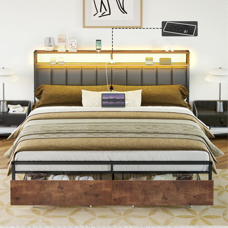 King Rustic Brown Metal Frame Upholstered Bed with Storage and LED