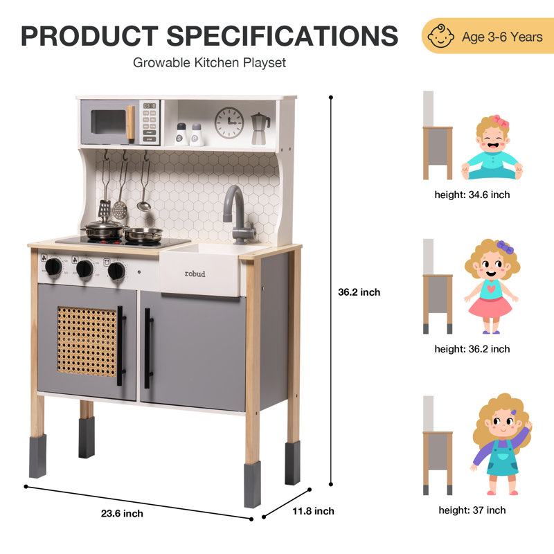 Gray Wooden Play Kitchen Set with Lights and Sounds